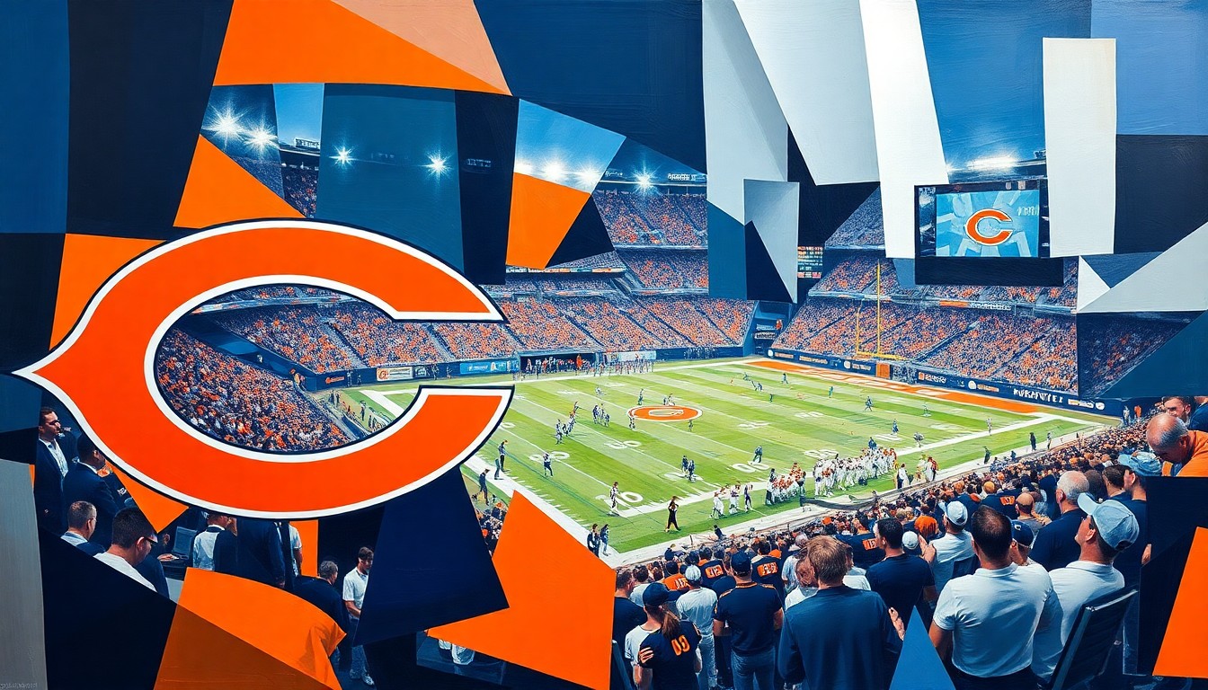 A cubist, geometric painting depicting fragmented football players and draft prospects, representing the Bears' potential surprise first-round pick at cornerback.