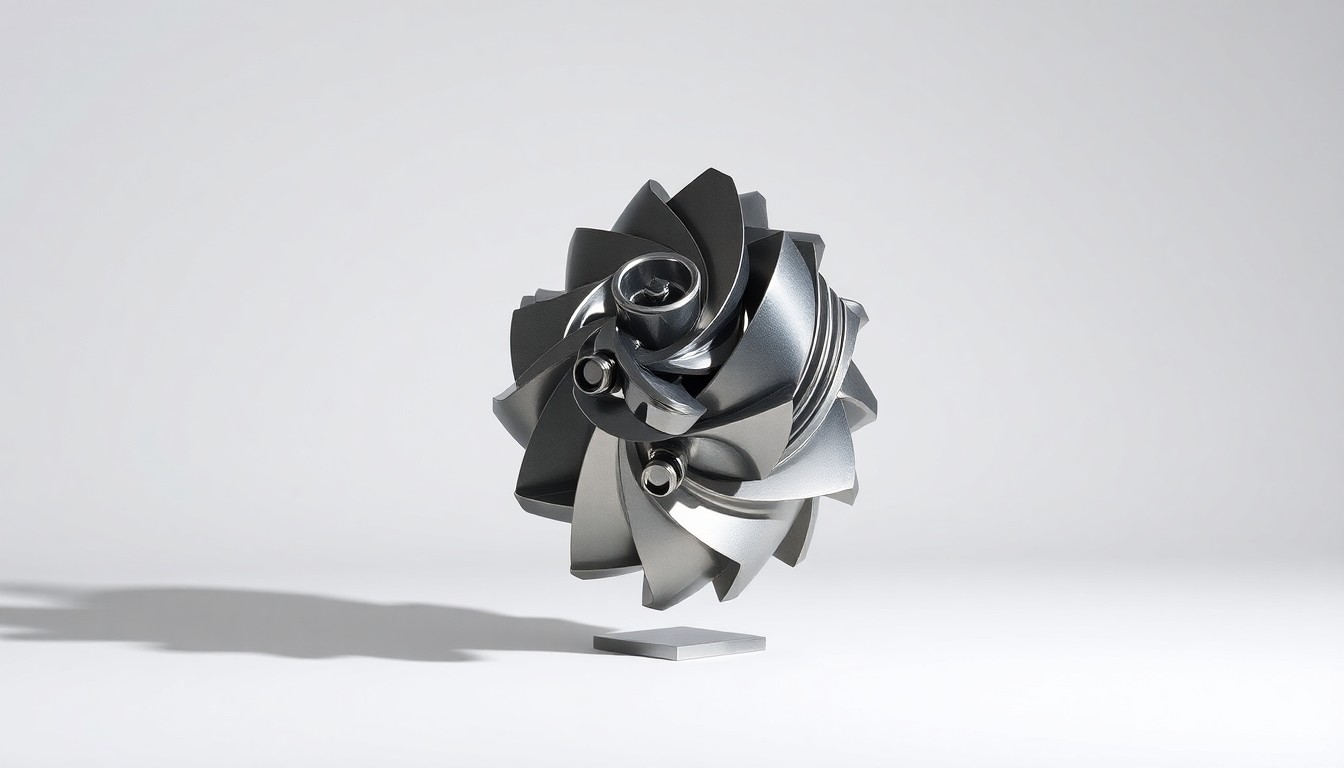 A highly polished, geometric metal sculpture representing a hydroelectric turbine, floating on a clean, monochromatic background and dramatically lit to symbolize the disruption and recovery of the Placer County Water Agency's Middle Fork American River Hydroelectric Project after the 2022 Mosquito Fire.