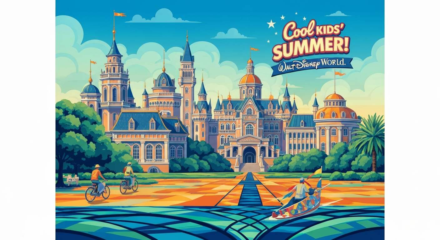 A bold, geometric illustration in the Art Deco style, featuring sweeping, smooth gradients of vibrant blues, greens, and oranges that capture the energy and excitement of the Cool KIDS' SUMMER! event at Walt Disney World Resort.