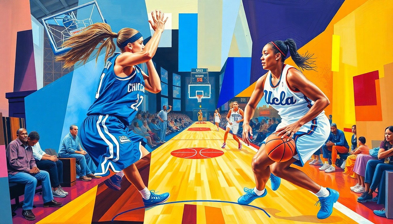 A fractured, cubist-style painting depicting a WNBA basketball game, with the players and court broken down into sharp, overlapping geometric shapes in the colors of the Chicago Sky and UCLA Bruins uniforms, conveying the energy and dynamism of the sport.