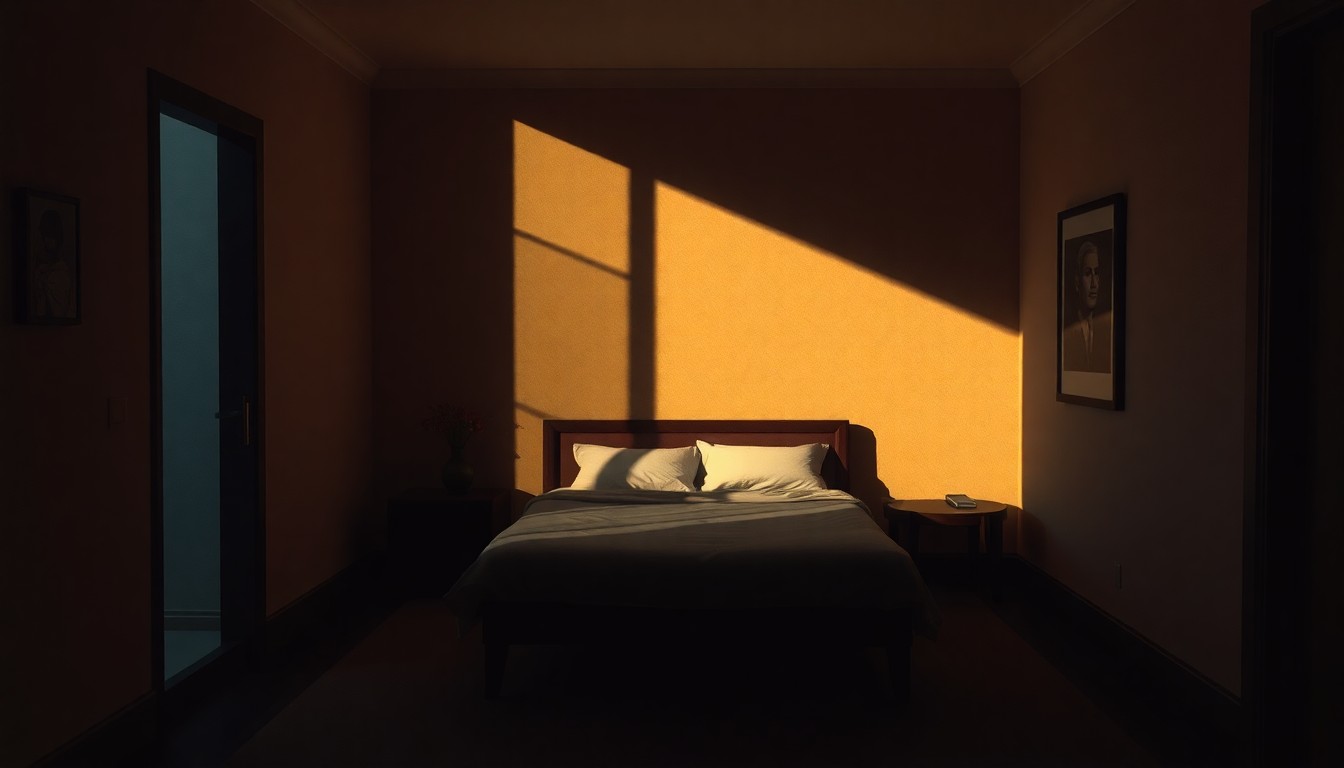 A dimly lit hotel room interior with a single bed in the center, the room bathed in warm, diagonal sunlight and deep shadows, conceptually representing the private setting of the alleged assault.
