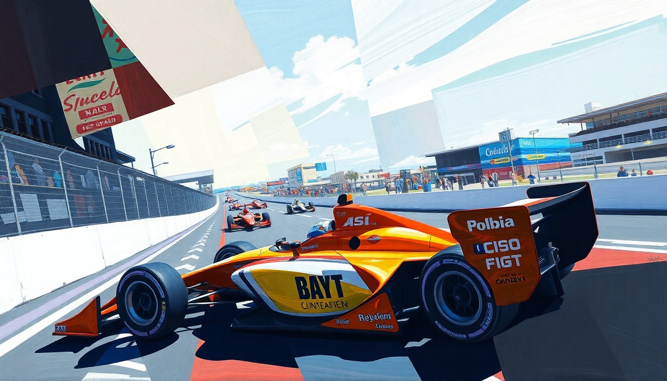 A cubist-style painting featuring overlapping geometric shapes and planes in vibrant colors, conceptually representing the fast-paced action and technical nature of the Long Beach IndyCar race.