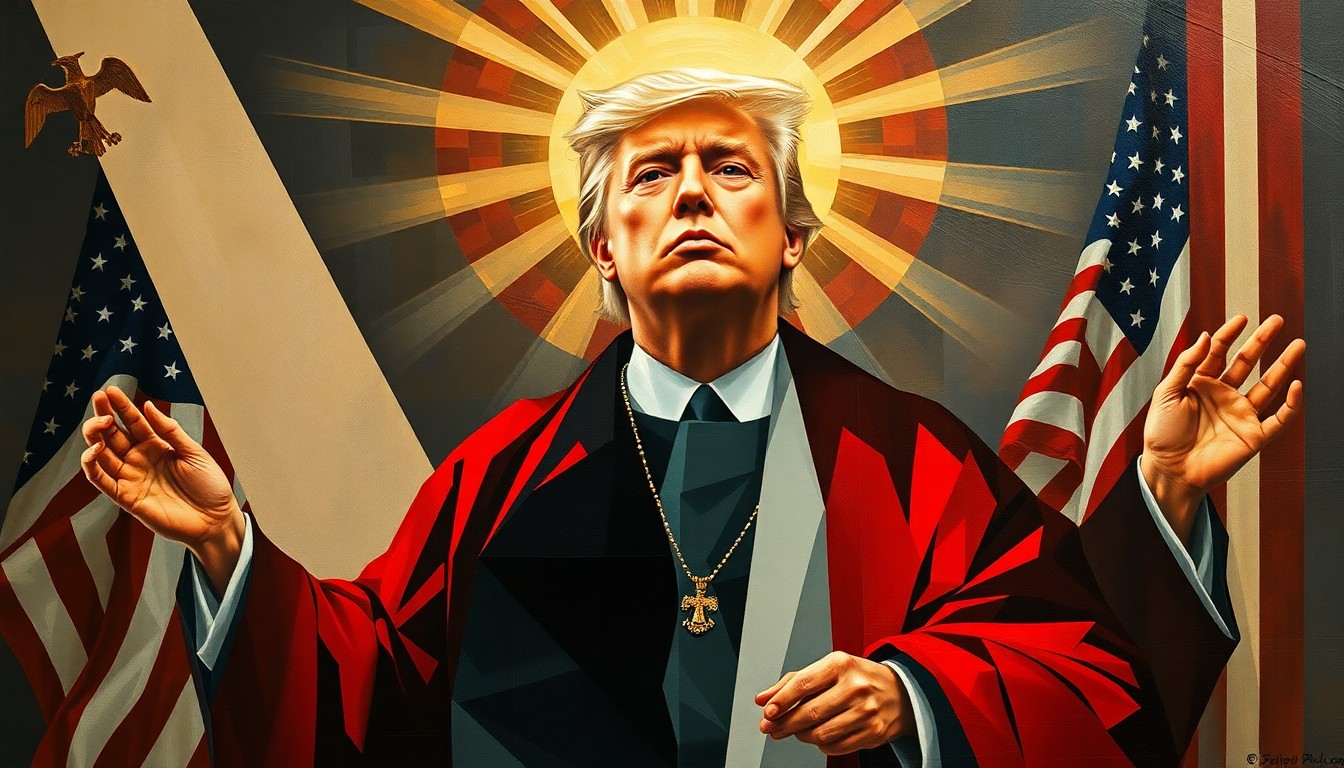 An abstract, fractured painting in bold colors depicting an overlapping, geometric figure resembling Donald Trump in religious robes, with beams of light and American symbols in the background, conveying the controversial blending of political and sacred imagery.