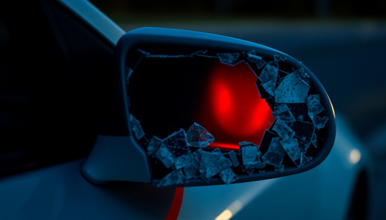 An extreme close-up of a shattered car side mirror reflecting a faint red light, conceptually representing the disturbing nature of a child luring incident.
