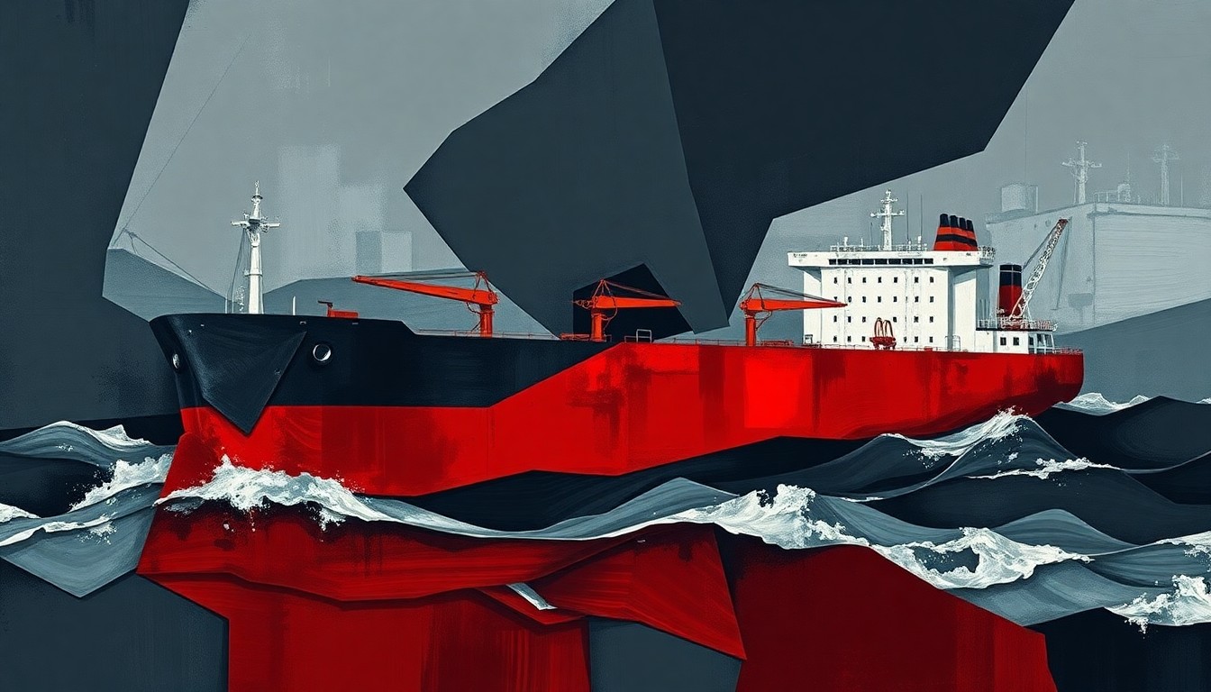 A dynamic, abstract painting of an oil tanker ship in overlapping, fragmented shapes and colors, conceptually representing the disruption to global energy supply caused by U.S. sanctions.