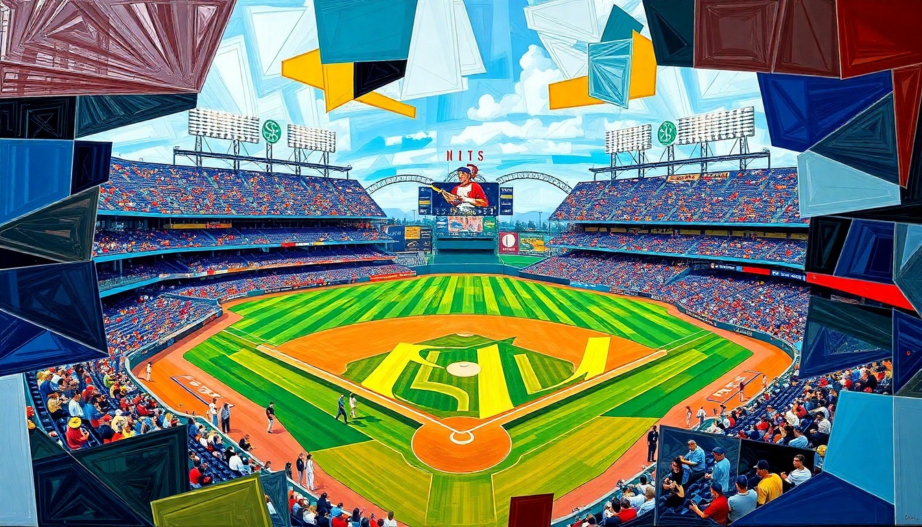 A cubist, geometric painting depicting a baseball game between the Seattle Mariners and San Diego Padres, with the players and field broken down into sharp, overlapping planes of color.