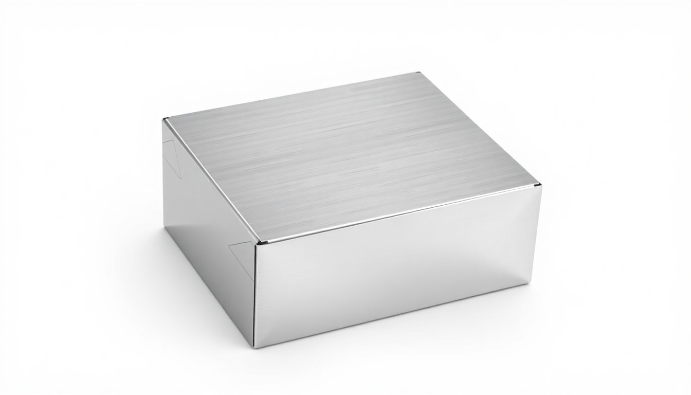 A sleek, modern package or shipping box made of a premium material like brushed aluminum, resting on a clean white background to represent the logistics and operational advantages that have drawn direct-to-consumer brands to Las Vegas.