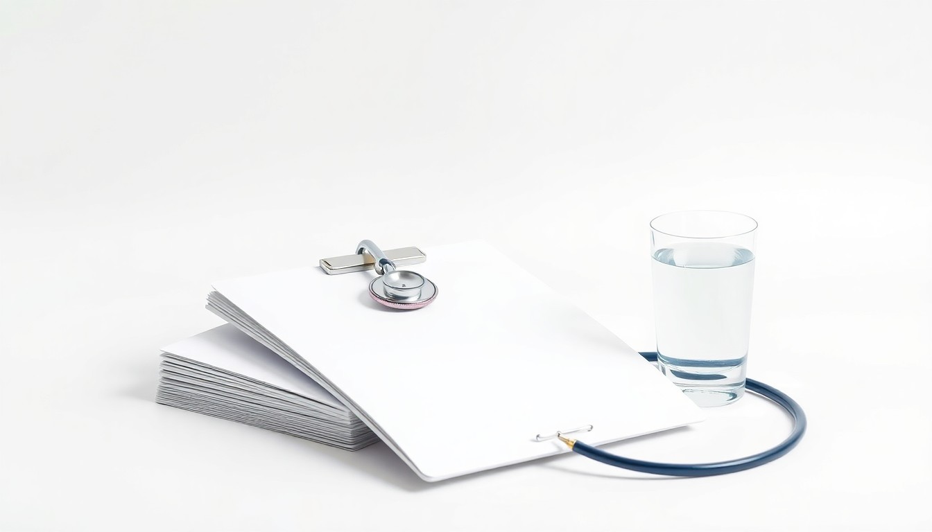 A minimalist studio still life photograph featuring a stack of medical clipboards, a stethoscope, and a glass of water on a plain white background, conceptually representing the personalized, compassionate care provided by A Hug Away Healthcare.