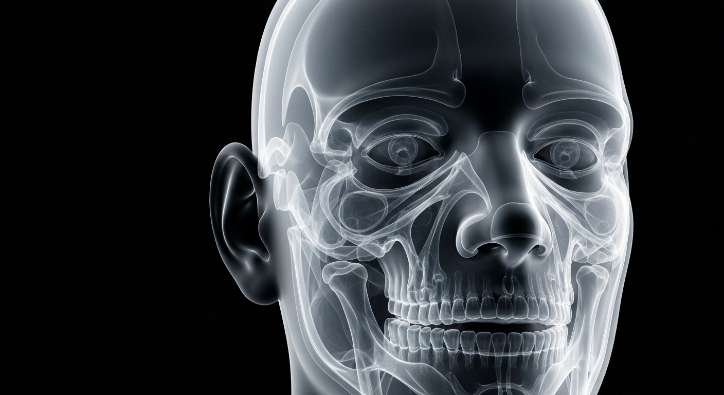 A ghostly, translucent X-ray-style image showing the internal structures of a human face, with glowing lines defining the bones, muscles, and connective tissues, conveying a sense of clinical precision and anatomical insight.