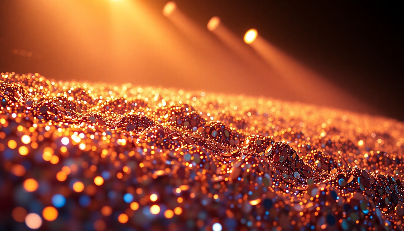 An abstract close-up photograph of shimmering, glittering sequins under dramatic studio lighting, conveying the high-fashion, luxurious aesthetic of a major concert tour.