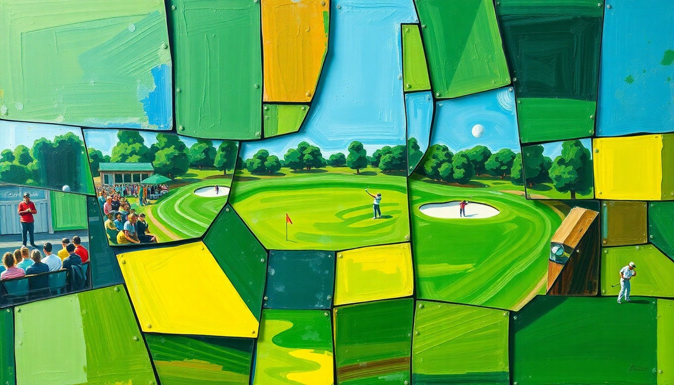 A cubist, geometric painting depicting a fractured, multi-perspective view of a golf tournament, with sharp, overlapping planes of vibrant green, blue, and yellow hues.