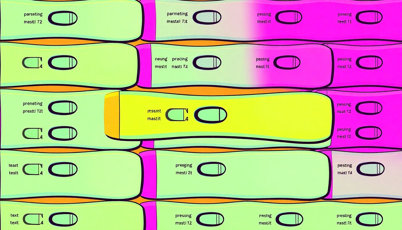 A brightly colored, high-contrast silkscreen print of a pregnancy test kit repeated in a tight grid pattern, conceptually representing the Women's Resource Center's focus on providing confidential medical services and support for women's reproductive health.