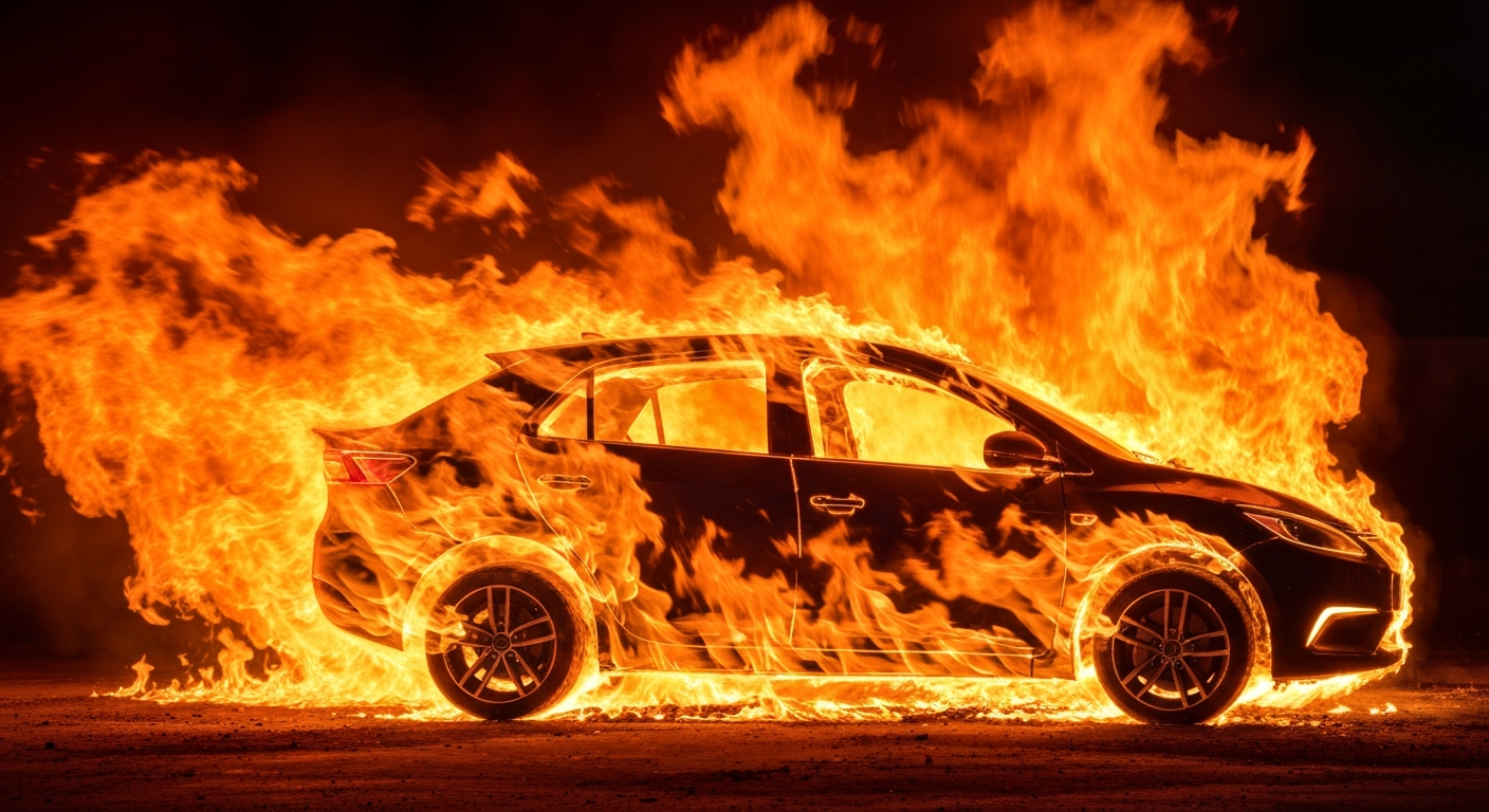 An abstract, motion-blurred image of an electric vehicle engulfed in vibrant orange, yellow, and red flames, conveying the chaos and destruction of the auto shop fire.