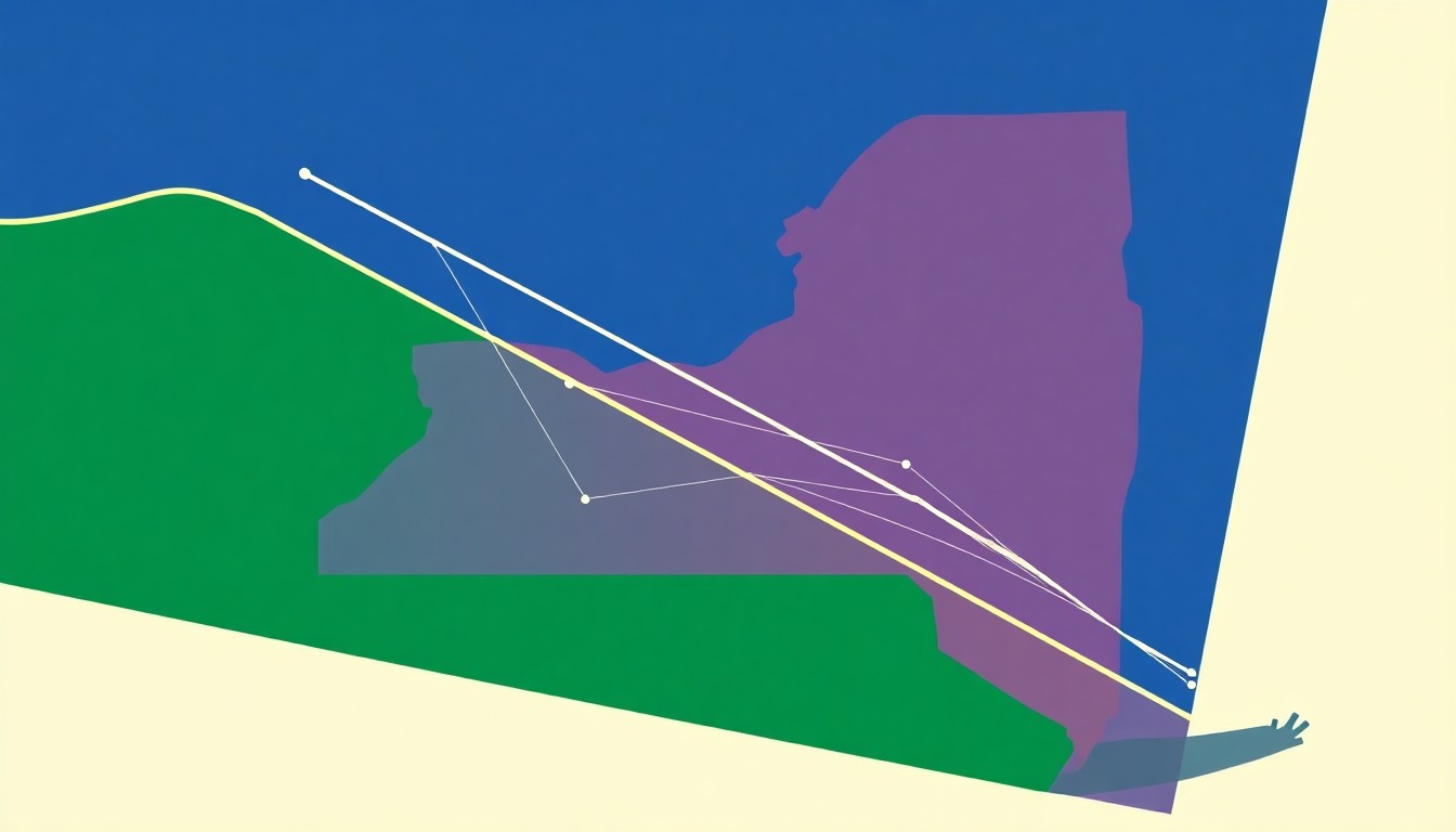 A geometric abstract illustration composed of intersecting lines and shapes in shades of blue, orange, and gray, conceptually representing the expansion of an energy pipeline network.