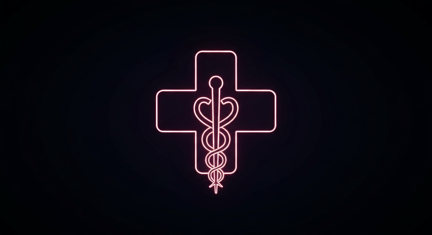 A glowing neon outline of a medical cross symbol, floating against a dark background and conveying the unseen yet vital role of public health in daily life.