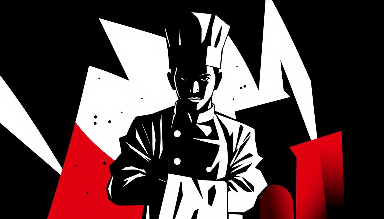 An abstract composition of bold, angular black shapes against a bright red background, conceptually representing a child's passion for cooking and television.