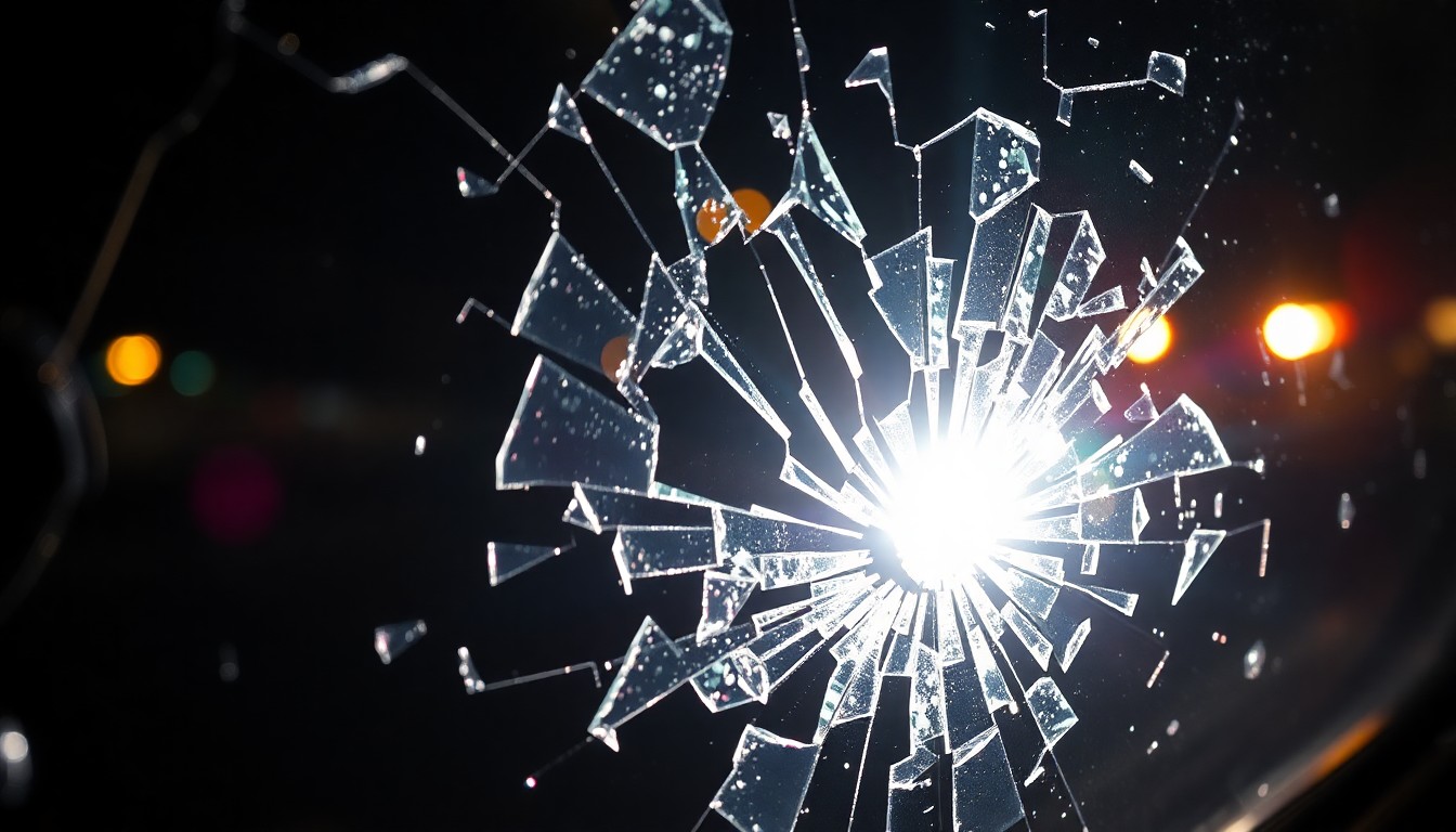 An extreme close-up photograph of shattered car window glass reflecting the harsh light of a camera flash, conceptually representing the aftermath of a high-speed crash.