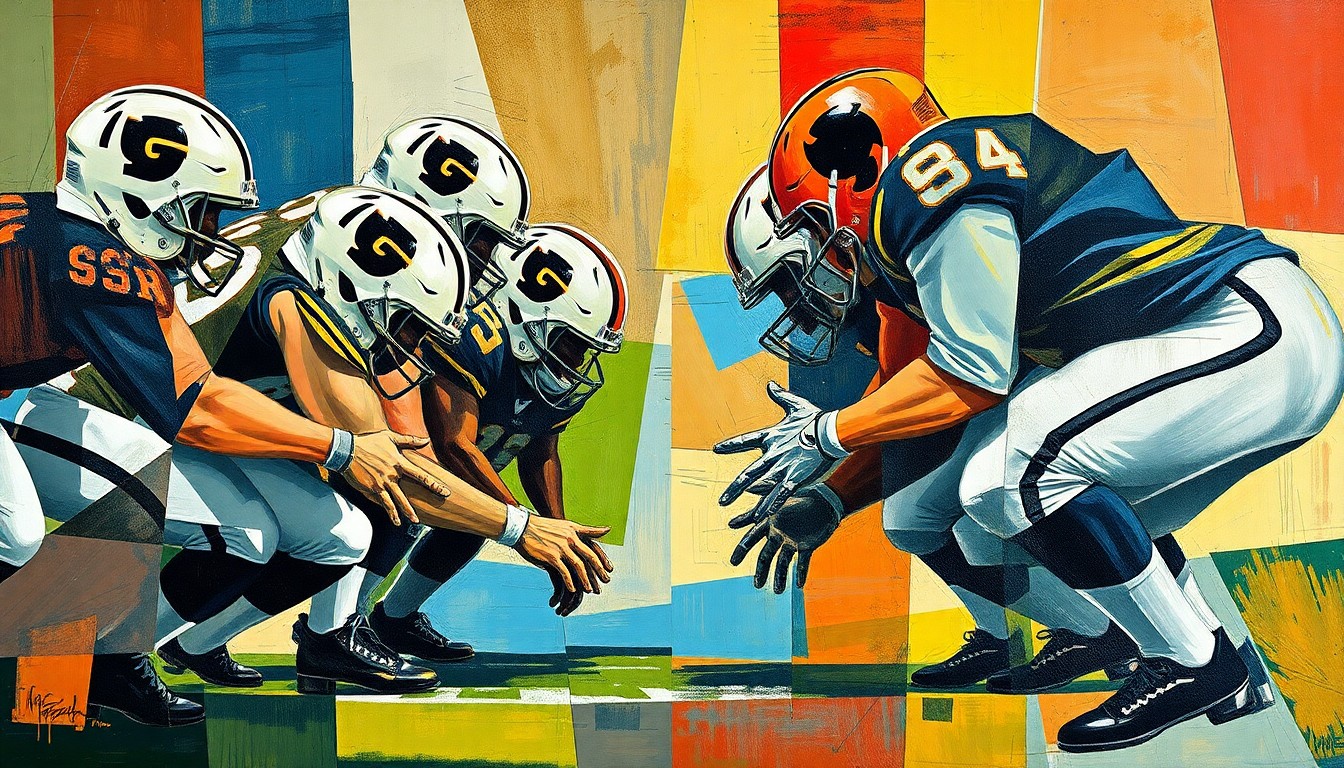 A cubist, geometric painting depicting the fractured, overlapping shapes of a football defensive line, conveying the conceptual idea of the Bills' efforts to rebuild their interior defensive front.