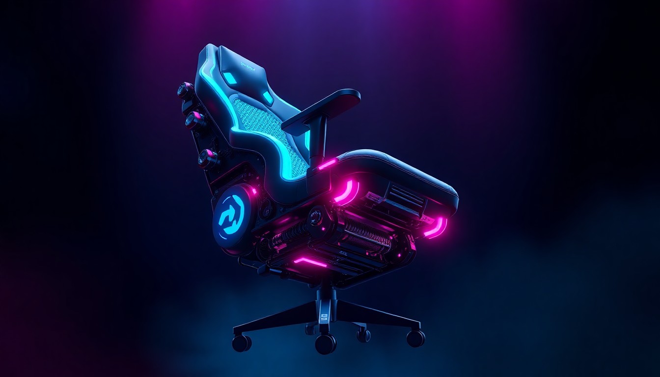 A highly detailed, 3D illustration of a futuristic, neon-lit gaming chair with intricate mechanical components, suspended against a dark, moody background with pulsing lines of light and subtle hints of magenta and cyan hues, conceptually representing the advanced comfort and performance features of the AutoFull M6 Ultra+ 2.0.