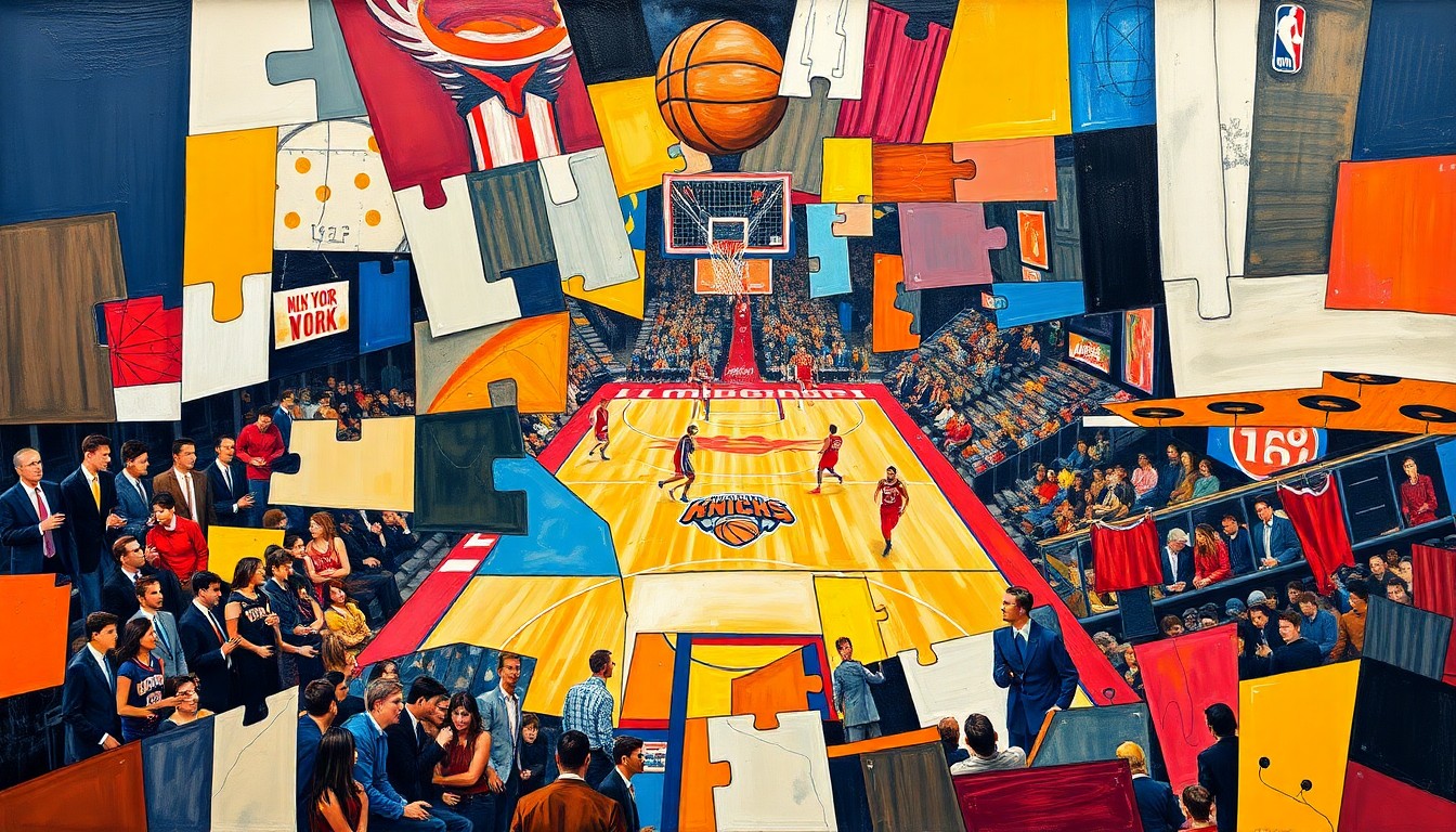 A cubist-style painting depicting a basketball game, with the players and court broken down into overlapping geometric shapes and planes in vibrant colors, conveying the intensity and uncertainty of the Knicks-Hawks playoff series.