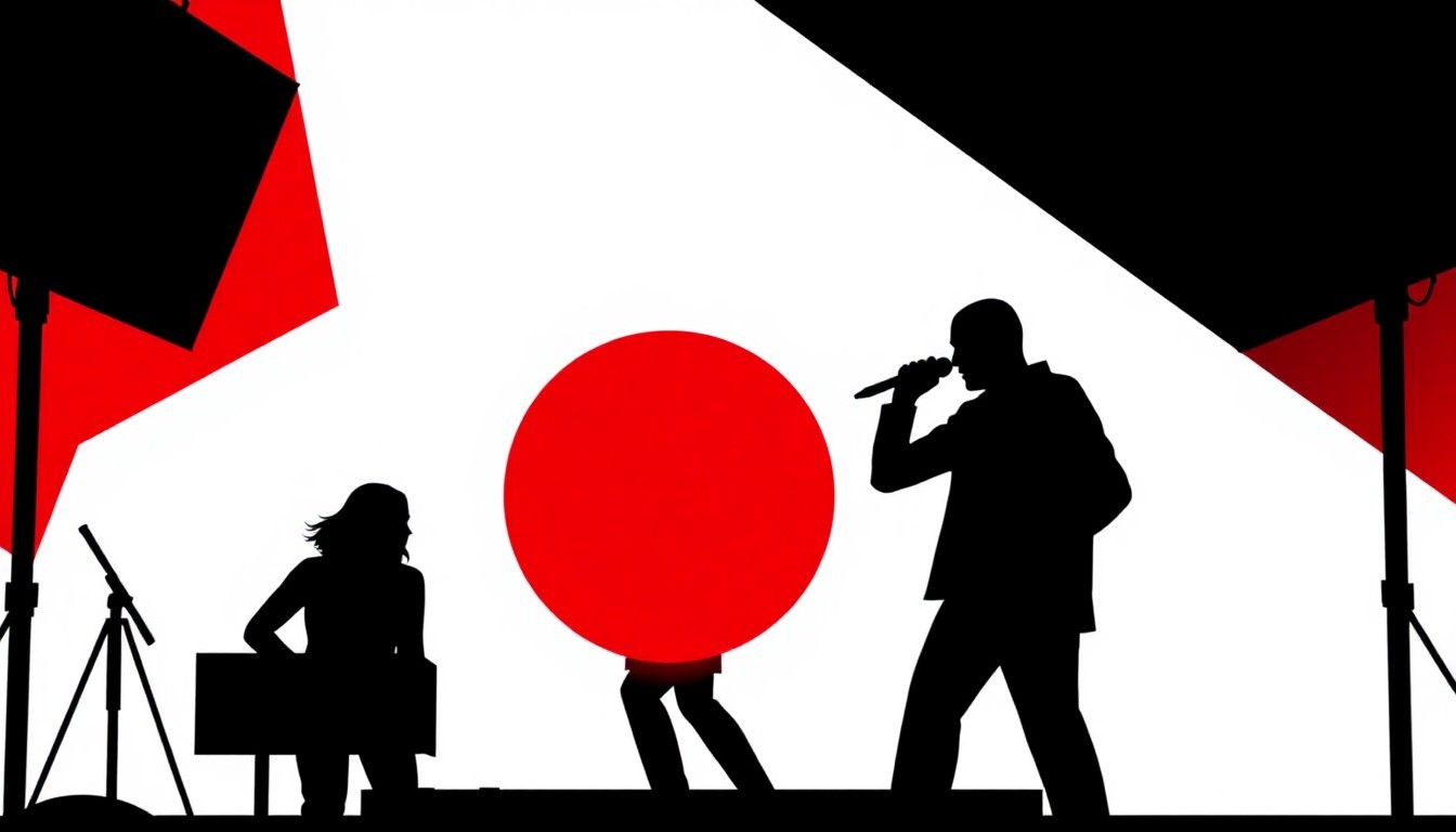 A striking abstract composition of bold, jagged geometric shapes in black, red, and white, conceptually representing the mobile DJ and event entertainment services of Los Angeles Mobile DJs.