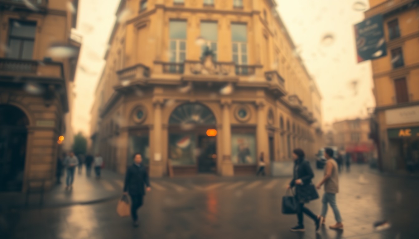 An abstract, impressionistic scene of a historic building facade and passersby, captured in a soft, out-of-focus style that evokes the mood of a community event celebrating local art and history.