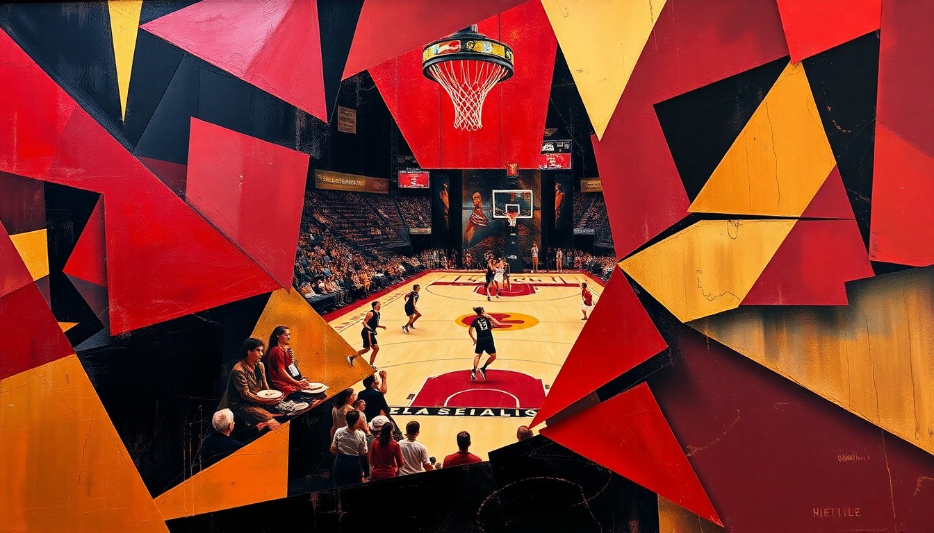 A cubist, geometric painting depicting the dynamic movements and energy of a women's basketball game, with sharp, overlapping planes of garnet red, black, and metallic gold.