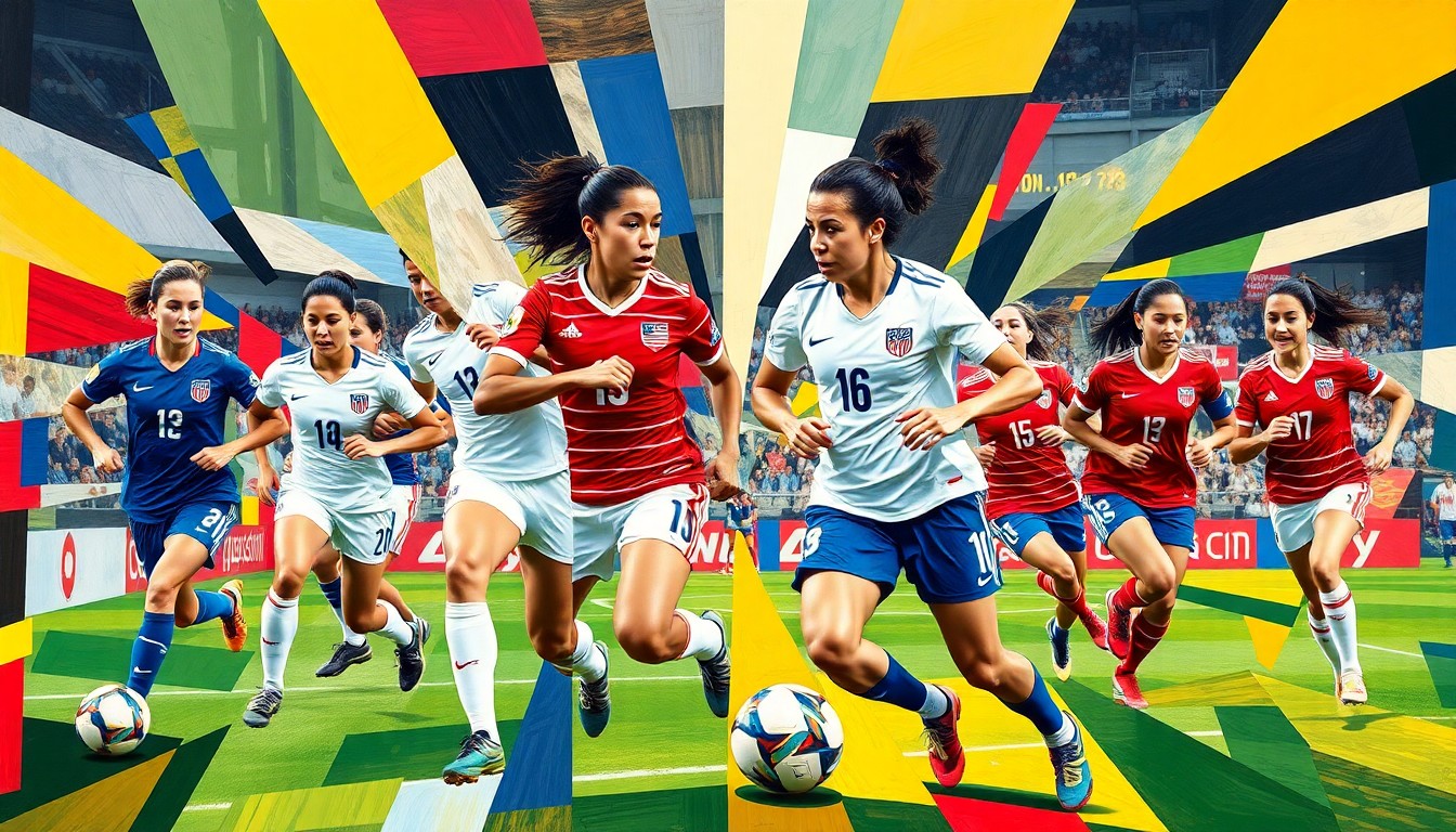 A cubist, geometric painting depicting the dynamic motion and energy of a women's soccer match between the USWNT and Japan, with the players' uniforms and the stadium environment fragmented into sharp, overlapping planes of color.