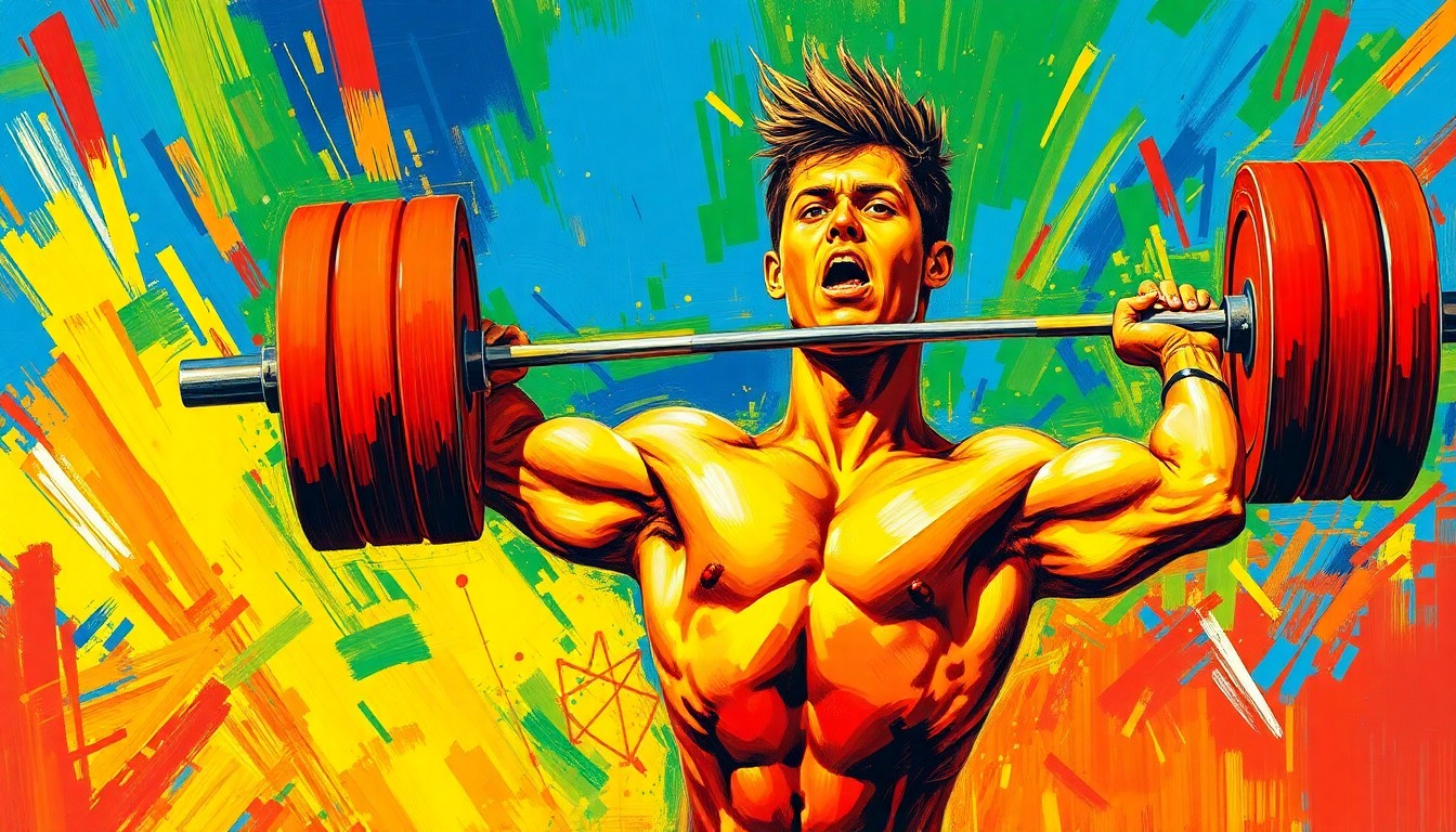 An abstract, energetic painting with bold, sweeping brushstrokes in neon greens, oranges, and blues, capturing the explosive power and dynamic motion of competitive weightlifting.