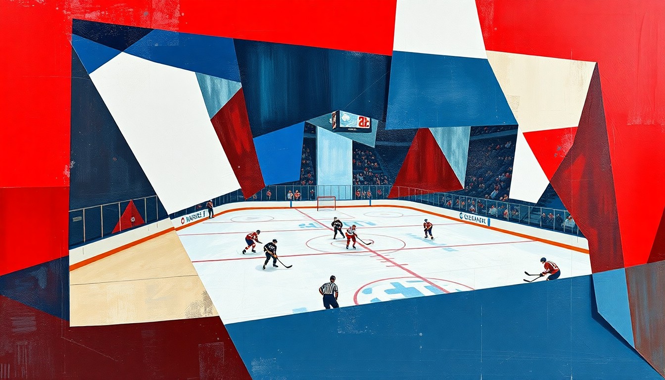 A cubist, geometric painting depicting the action of a hockey game, with the players and the rink broken down into fragmented, overlapping shapes and planes in shades of red, white, and blue, capturing the dynamic energy of the sport.