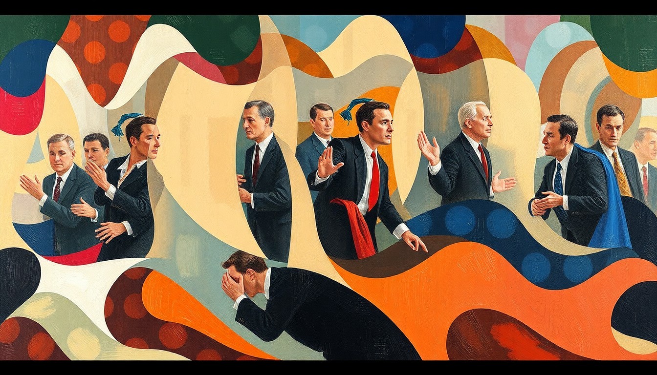 An abstract, fragmented painting featuring overlapping geometric shapes and brushstrokes in shades of blue, red, and yellow, conceptually representing the divisive nature of unverified political allegations.