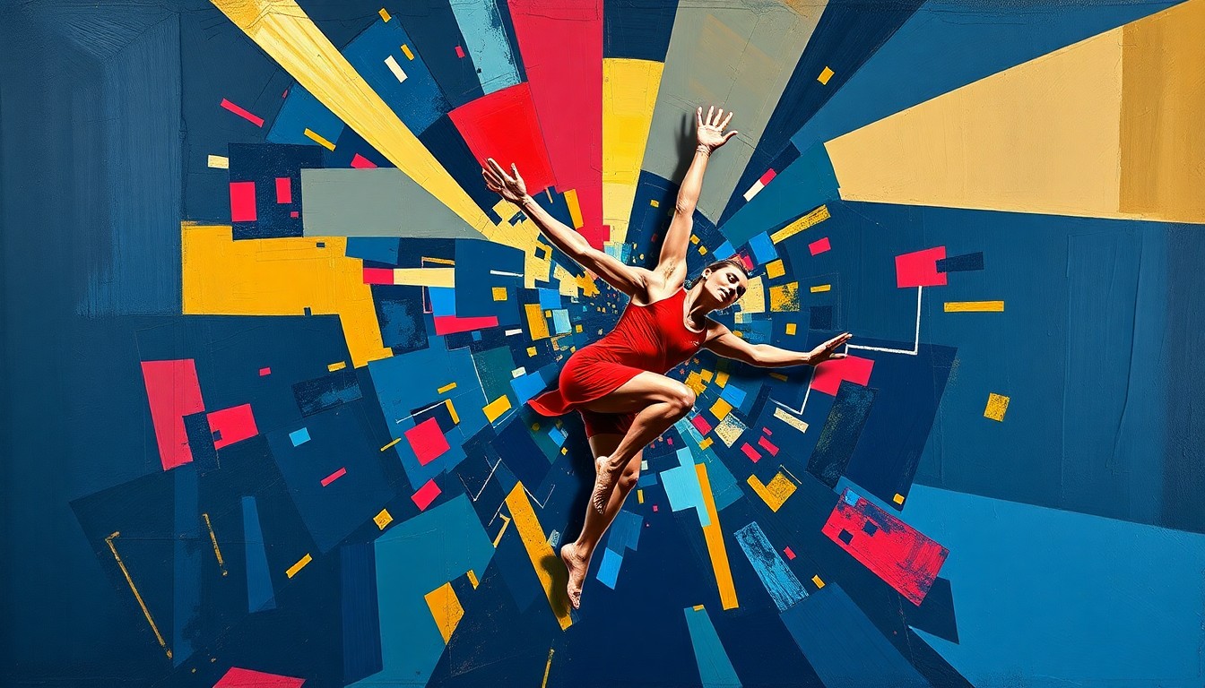 A cubist, geometric painting depicting the dynamic movements and energy of a gymnastics competition, with overlapping planes of navy, crimson, and gold.
