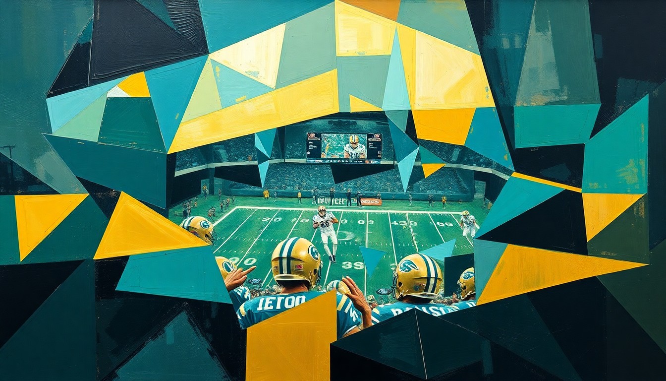A cubist, geometric painting depicting a fragmented football scene in shades of teal, gold, and black, representing the Jaguars' renewed energy and sense of purpose heading into the upcoming draft.