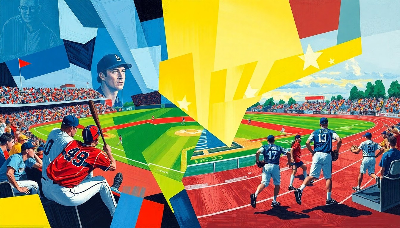 A fractured, geometric painting depicting overlapping scenes of a baseball player swinging a bat and a runner sprinting on a track, rendered in the cubist style with bold, angular shapes and vibrant colors.