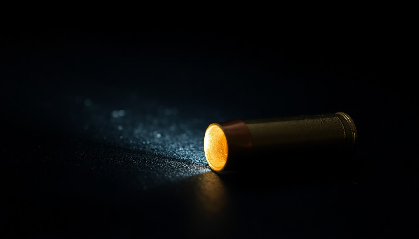 An extreme close-up of a metallic bullet casing, its surface textured and reflecting a harsh, direct flash of light, conceptually representing the investigation into a young victim's unsolved homicide.