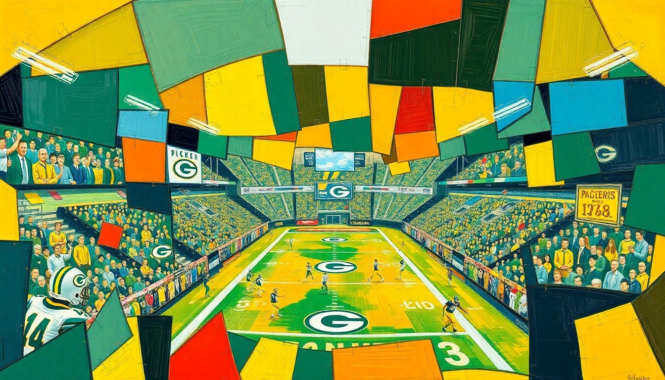 A fractured, multi-perspective painting depicting a football game or NFL draft scene, with sharp, overlapping geometric planes in the Packers' official colors of green and gold, capturing the team's strategic approach to the upcoming draft.
