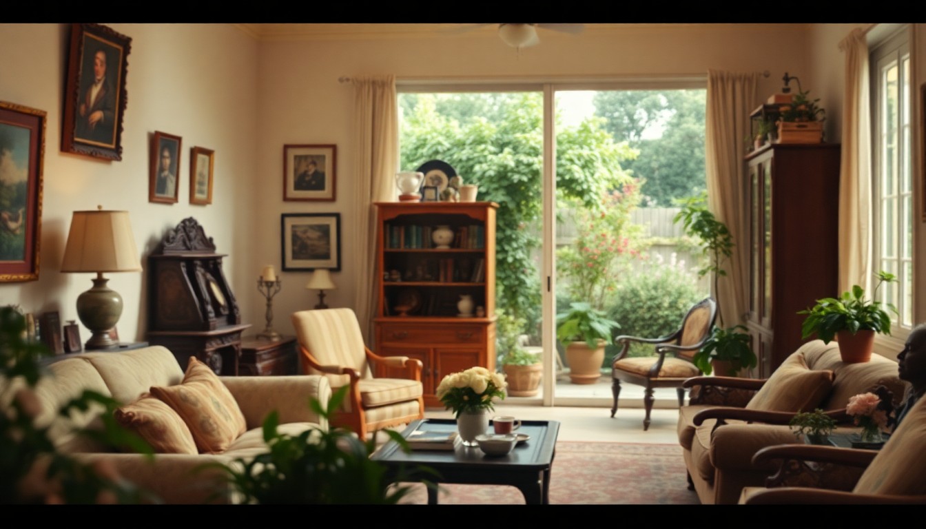 An extremely abstracted, out-of-focus photograph in warm, muted tones depicting an intimate, domestic scene filled with antique furniture, artwork, and lush greenery, conceptually representing the enduring legacy of Judith Ann Jost Weaver's life and work.