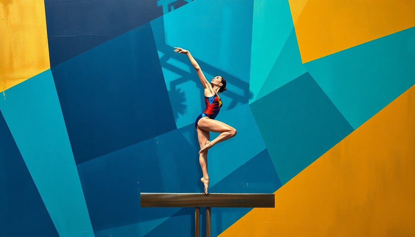 A fractured, geometric painting depicting a gymnast performing on the balance beam, with sharp, overlapping planes of color representing the sport's grace and power.
