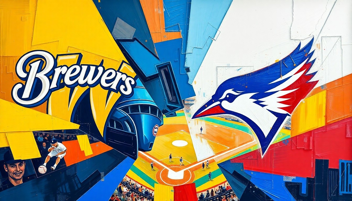 A fractured, multi-perspective painting in bold, clashing colors that breaks down a baseball game into sharp, overlapping geometric shapes, conceptually representing the high-stakes matchup between the Milwaukee Brewers and Toronto Blue Jays.