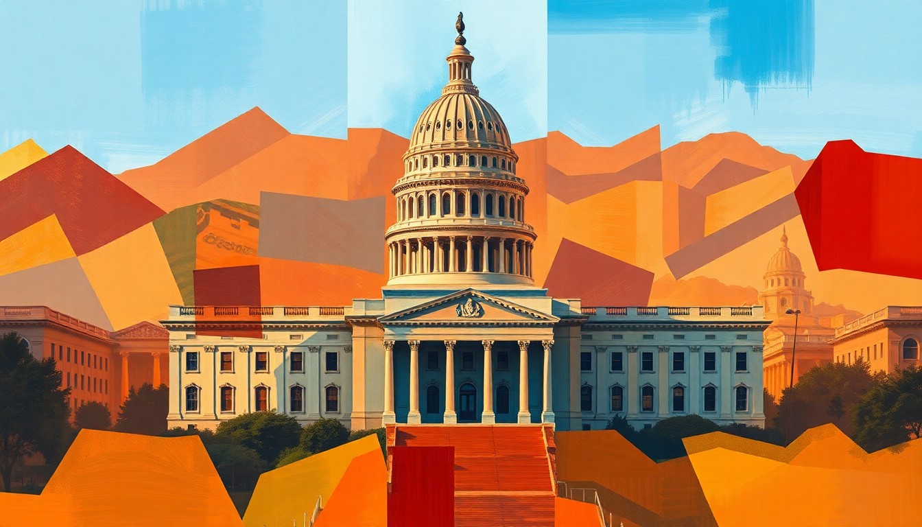 A dynamic, abstract painting featuring overlapping, geometric shapes and waves of warm earth tones and vibrant blues, conceptually representing the shifting political dynamics in the California governor's race.