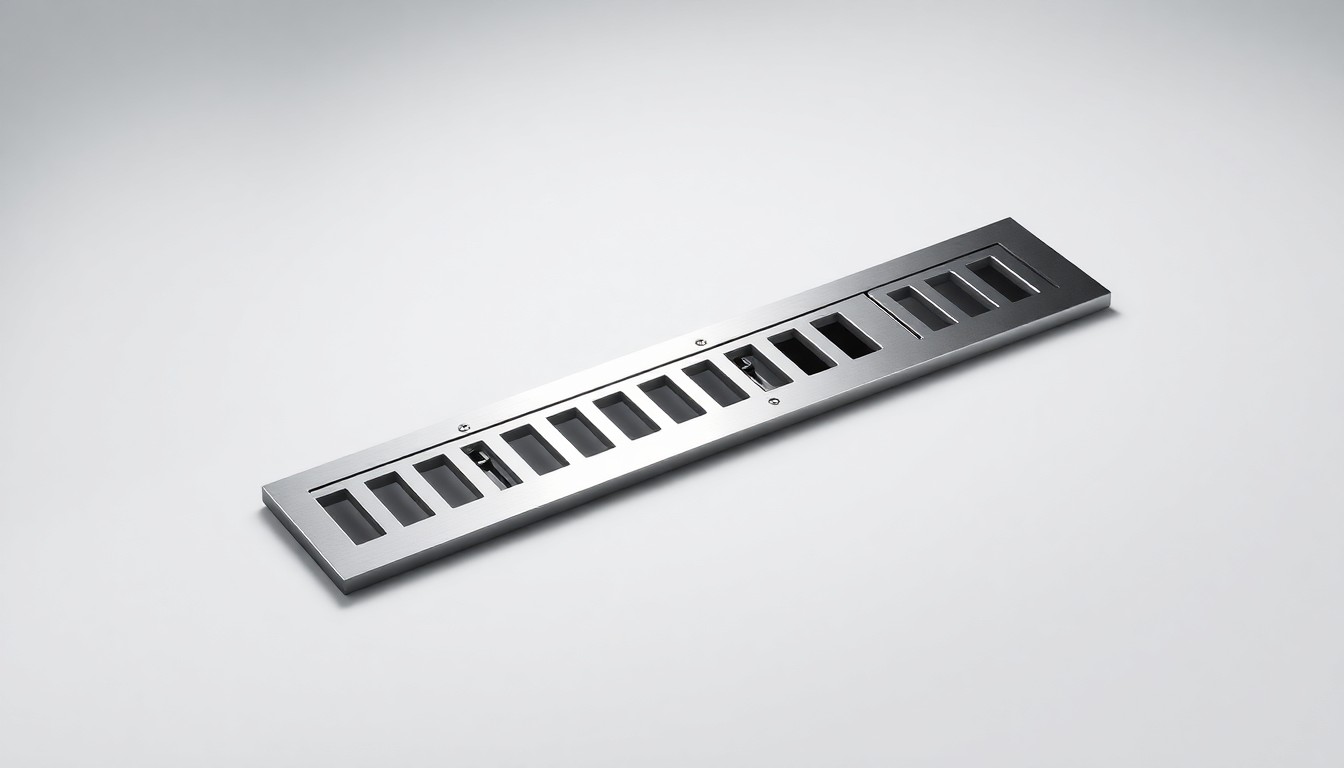 A high-end, photorealistic studio still-life photograph featuring a polished, geometric metal drain cover or linear drain fixture, arranged elegantly on a clean, monochromatic background and lit with dramatic studio lighting to highlight the premium quality and design flexibility of Oatey's plumbing products.