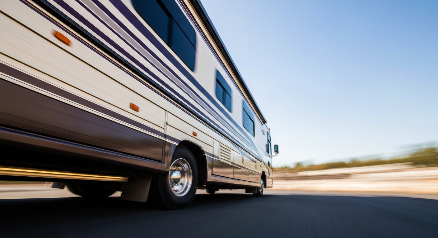 Heavily blurred, sweeping brushstrokes of bright colors representing the dynamic motion of a large motorhome vehicle.