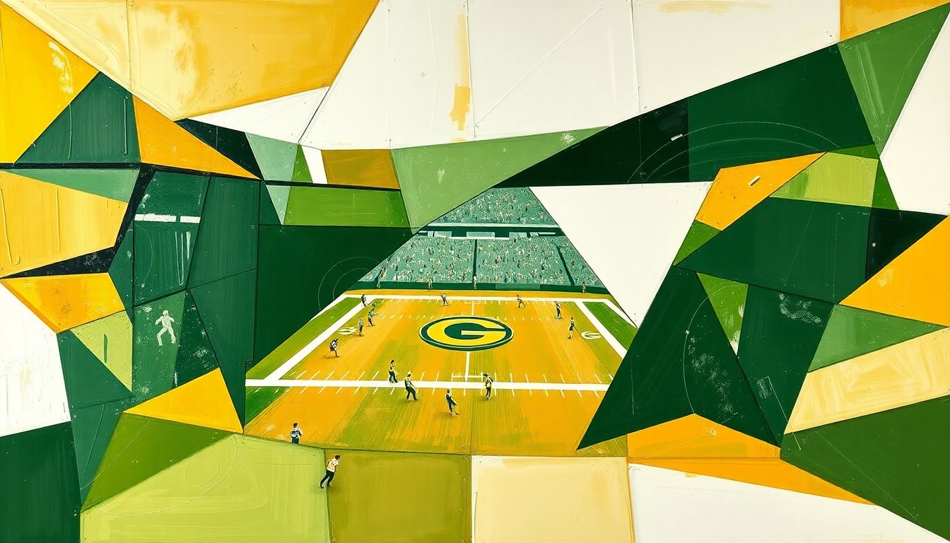 A cubist, geometric painting depicting a Packers football game, with sharp, overlapping planes of green, gold, and white representing the dynamic action on the field.