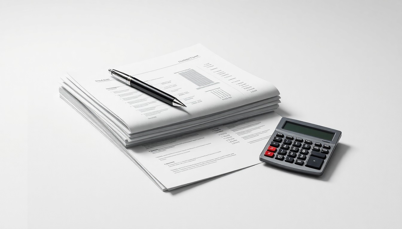 A high-end, photorealistic studio still-life photograph featuring a stack of financial reports, a pen, and a calculator arranged elegantly on a clean, white seamless background, conceptually representing Simon's corporate strategy and market performance.