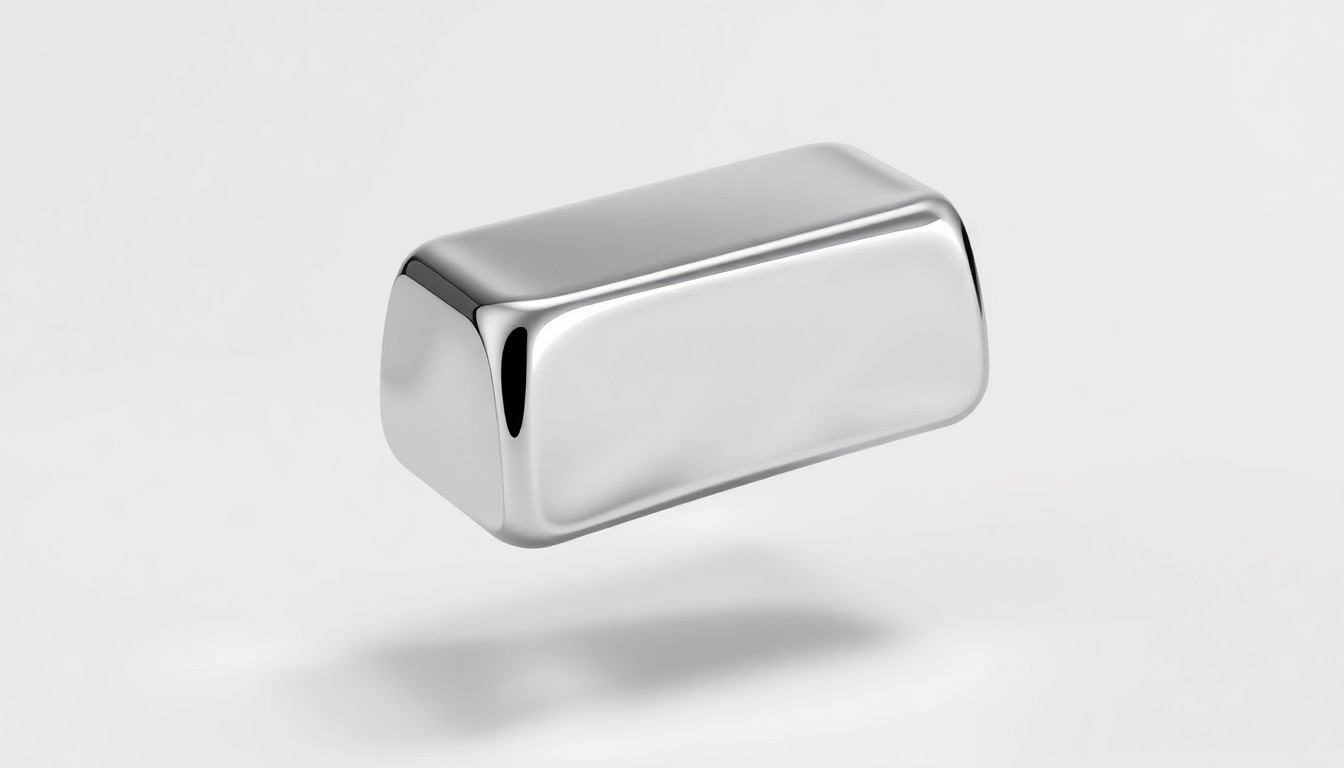 A highly reflective, chrome-plated metal ingot or billet floating on a clean white background, dramatically lit from the side to highlight the material's premium quality and reflective properties.