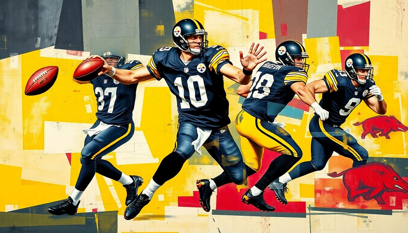 A fractured, geometric painting depicting a quarterback in motion, with sharp planes of black, gold, and red overlapping to capture the dynamic energy and risk-reward of the player's style of play.