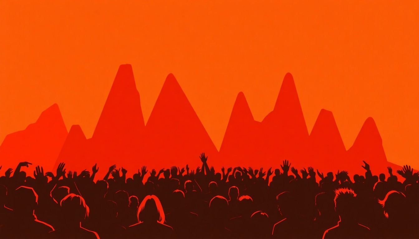 An abstract, minimalist illustration composed of jagged, overlapping geometric shapes in warm, earthy tones, conveying the lively energy and creative spirit of a local music festival.