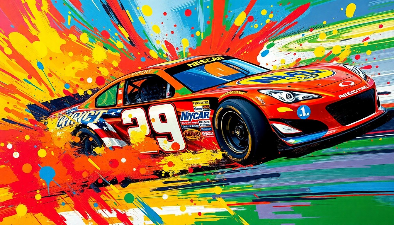 An abstract, expressionist painting featuring a NASCAR race car in motion, with the car and driver's form breaking down into vibrant, neon-colored brushstrokes that convey a sense of raw speed and energy.