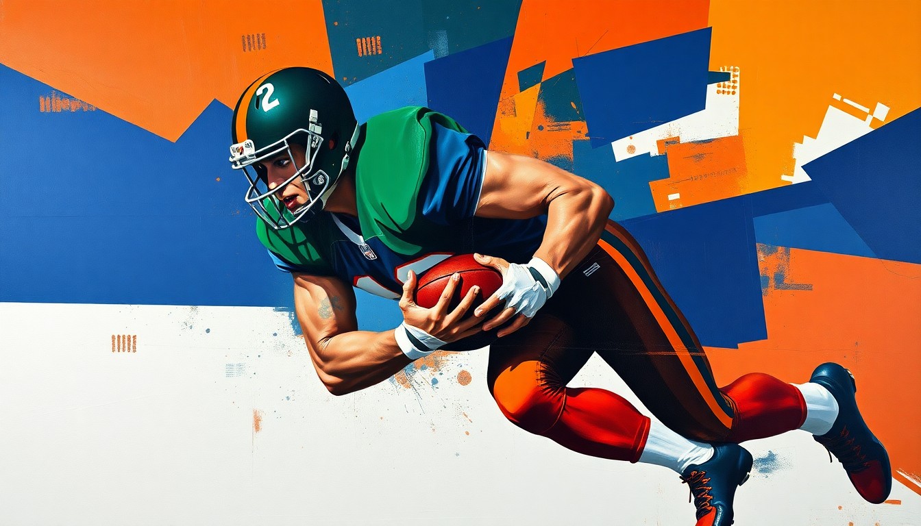 A cubist-style painting depicting a football linebacker making a tackle, with the player's body broken down into sharp, overlapping geometric shapes in shades of navy, green, and orange, conveying the dynamic energy of the sport.