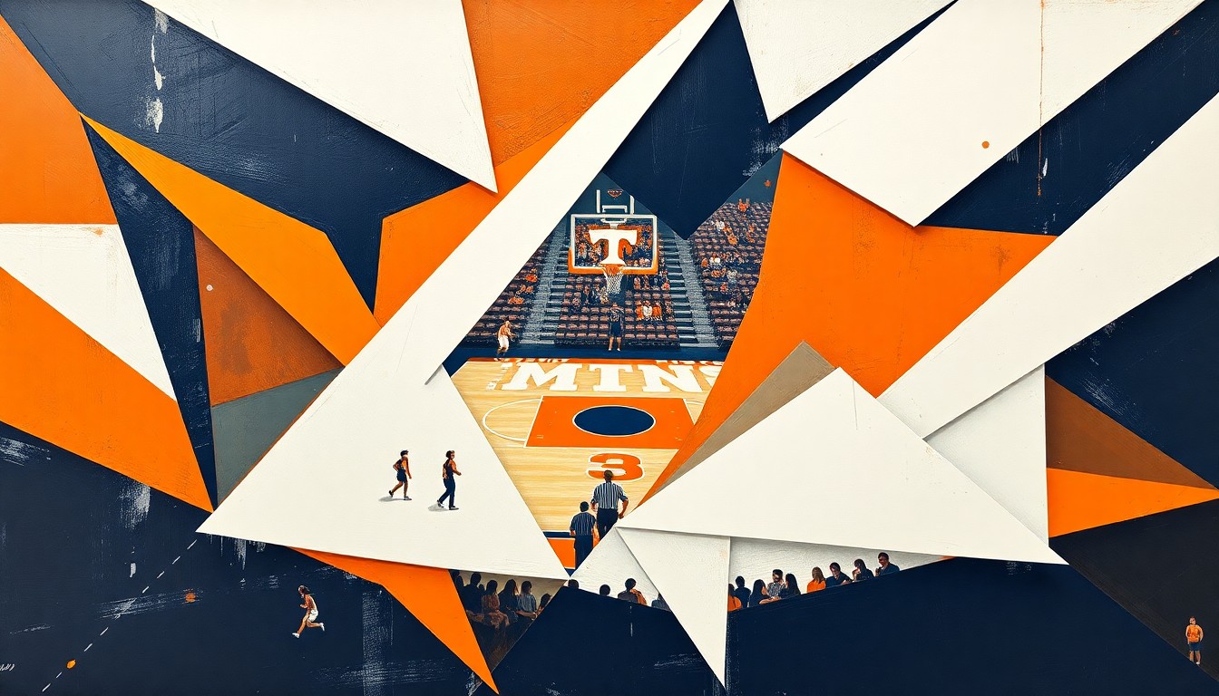 A fractured, cubist-style painting depicting the dynamic movements and energy of a women's basketball game, with the players and court broken down into overlapping geometric shapes in shades of orange, white, and navy blue.